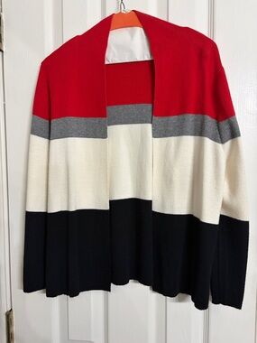 Liz Claiborne Red Gray Cream Black Colorblock Open-Front Cardigan